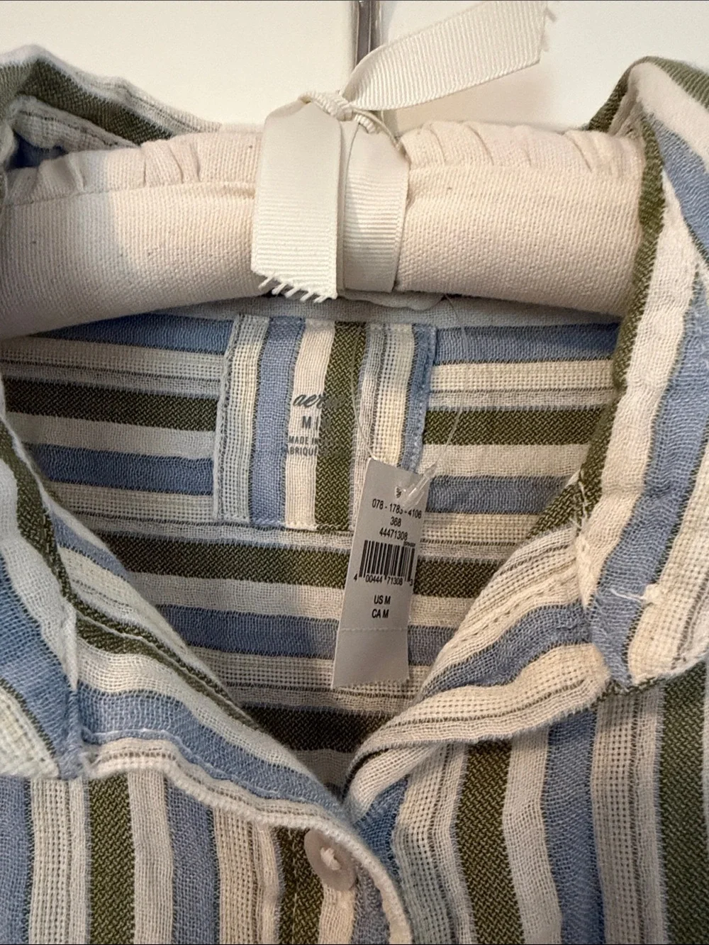 aerie Olive Green, Blue and White Striped Button-Down Shirt (NWT)